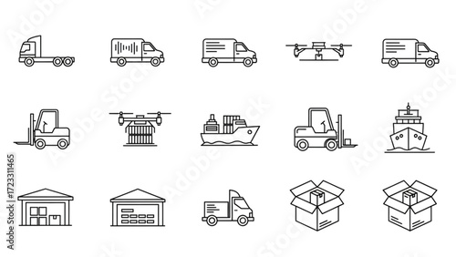 Dynamic logistics icons showcase modern delivery methods including trucks, drones, ships, forklifts, and warehouses for efficient global shipping solutions.