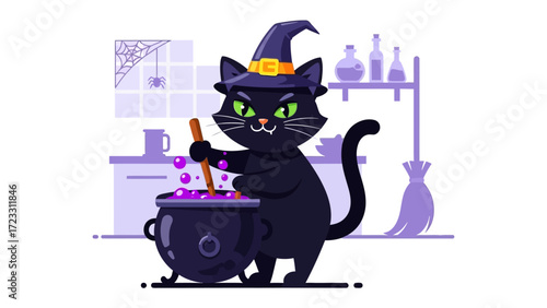Halloween Cat Witch Conjuring: A mischievous black cat, donning a pointed witch hat, stirs a bubbling cauldron with a whimsical wooden spoon, ready for Halloween mischief.