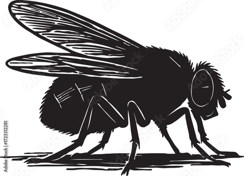 Detailed black silhouette illustration of a common housefly insect with intricate wing and leg details on a white background
