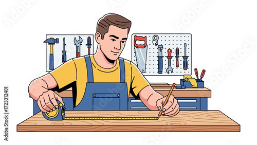 Handy at Work: A skilled artisan focuses intently, meticulously measuring and marking a piece of timber in a well-organized workshop filled with various tools, creating the essence of craftsmanship.