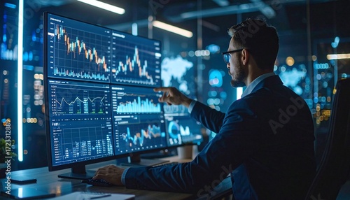 Expert Trader Analyzing Financial Data with Stocks on Multiple Monitors in Office.