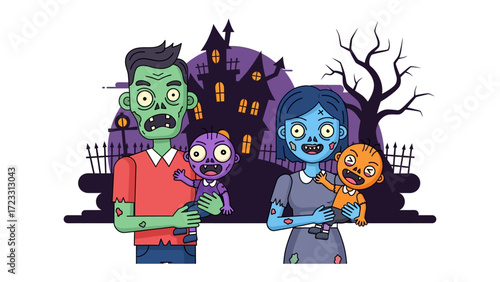 Zombie Family Portrait: A quirky and colorful illustration depicts a zombie family. The scene set against a spooky backdrop of a haunted house and bare tree evokes the spirit of Halloween.