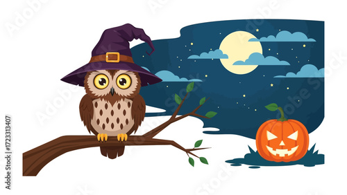Owl in Halloween: A charming illustration of a wise owl adorned in a whimsical witch's hat, perched serenely on a branch during a spooky Halloween night. A carved pumpkin sits at the bottom.