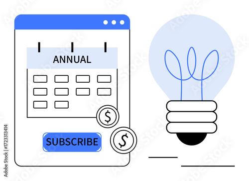 Calendar with annual subscription option, subscribe button, coins, and lightbulb representing innovation. Ideal for finance, planning, creativity, marketing, digital services business growth simple