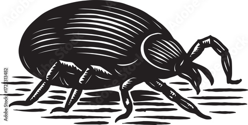 Detailed woodcut illustration of a large dark multi legged insect with a segmented body standing on a textured surface