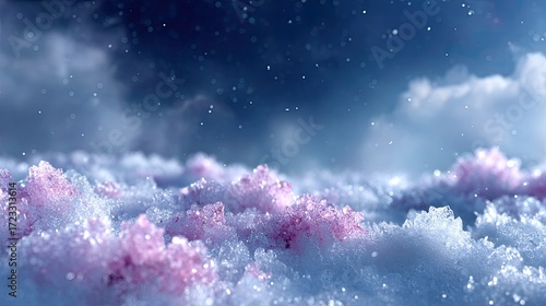 Frozen Pink Crystals on a Snowy Landscape with Cloudy Sky, White and Blue Hues, Winter Atmosphere, Abstract Texture, Sparkling Particles, Macro Perspective