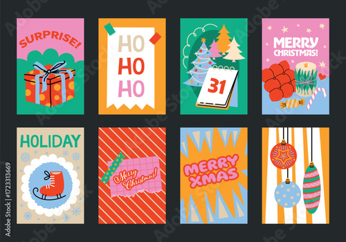 Wallpaper Mural Christmas and New Year posters in cartoon. Holiday gifts, winter, Santa, Christmas tree, toys and cozy atmosphere. Festive seasonal vector cards in a retro groove style. Wall art and printed materials Torontodigital.ca