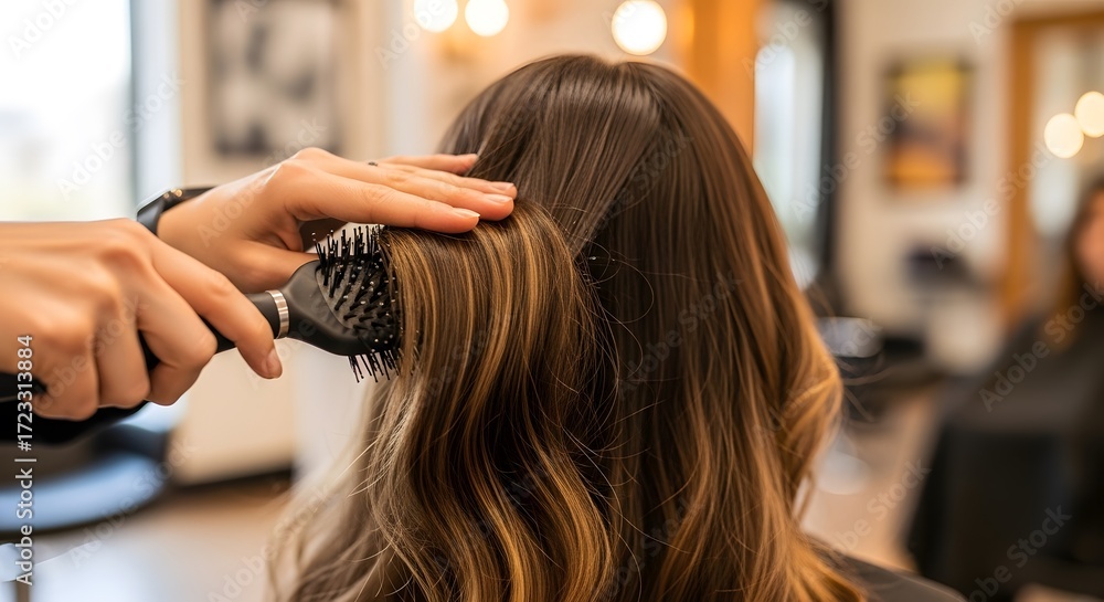 Fototapeta premium Stylist Brushing Wavy Brown Hair Salon Service