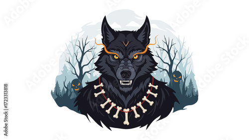 Mystical Wolf Portrait: An enthralling illustration of a formidable black wolf, eyes alight with piercing intelligence, adorned with bone adornments and a symbolic crown.