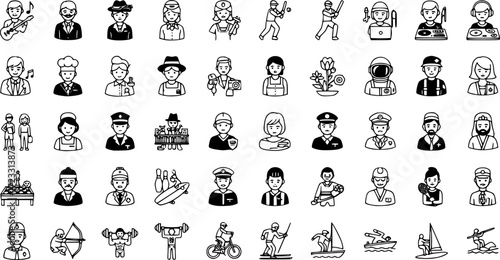 set of 100 glyph professions web icons. filled icons such as musician,lawyer,stewardess,plumber,cricket player,programmer,orthodontist,dj. vector illustration