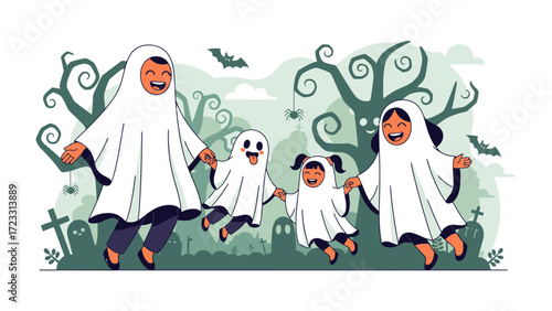 Spooky Family Celebration: A playful family dressed as ghosts enjoys Halloween, smiling with delight amidst a cartoonish spooky forest scene.