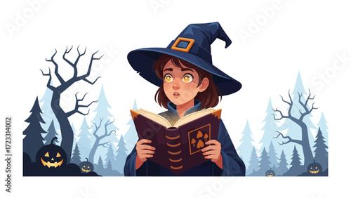 Enchanting Spellbook and Witch: A charming witch, adorned in a traditional pointed hat, engrossed in reading a magical spellbook. The Halloween themed illustration evokes mystery, magic.