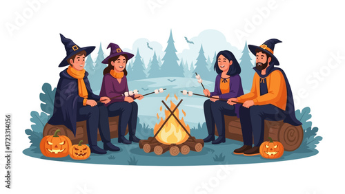 Halloween Gathering: A group of people gather around a bonfire, roasting marshmallows. Pumpkin, witch hat and tree decorated make an illustration scene.
