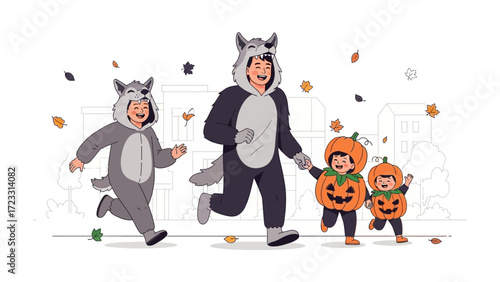 Halloween Costumes: A joyful family parades in Halloween costumes, including a charming combination of wolf and pumpkin outfits, frolicking amidst falling leaves and cityscape backdrop.