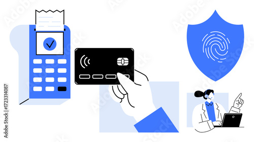 Hand holding contactless card near POS terminal, shield with fingerprint, consulting expert. Ideal for payment processing, data security, digital banking, identity verification, fintech, customer