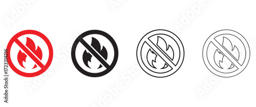 No fire sign vector, no smoking, forbidden no flame and no open fire burning red sign vector