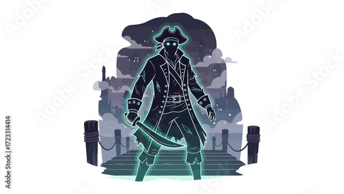 Phantom Corsair: A spectral pirate stands stoically, a cutlass in hand, on a mystical dock bathed in an eerie, ethereal glow, conjuring visions of adventure and mystery.