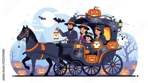 Spooky Halloween Carriage: A family's enchanted Halloween carriage, brimming with festive pumpkins and ghostly details, journeys beneath the night sky, set against a charming backdrop.