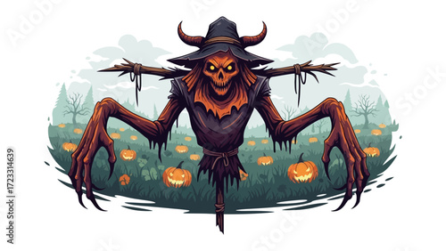 Scary Scarecrow in Pumpkin Field: A spooky scarecrow with glowing eyes and outstretched arms stands menacingly in a vibrant pumpkin field, ready to haunt the season, as the dusk falls.