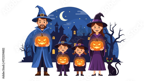 Happy Halloween Family: An endearing cartoon portrayal of a family of witches, their expressions radiating joy as they clutch illuminated pumpkin lanterns under a mesmerizing night sky.