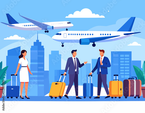 Business travelers with luggage walking towards airplanes above a city skyline.