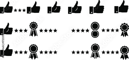 A collection of thumbs up, stars, and award ribbon icons showing different rating levels.