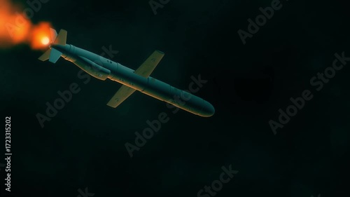 A combat rocket is flying in a dark night sky, smoke and fire from the rocket. Concept: missile attack.