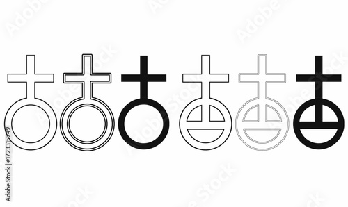 Globus Cruciger symbol, also known as orb and cross or stavroforos sphaira, vector icon set in outline and solid style, representing Earth in alchemy, astrology, and history.