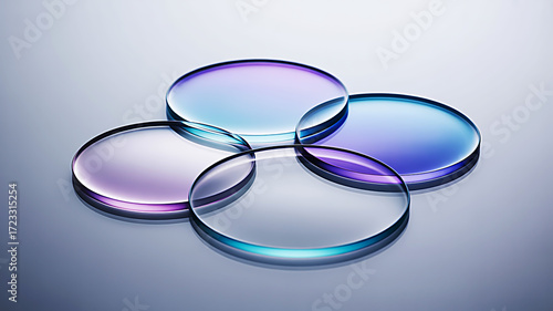Optical Lens Abstract A photograph of four transparent lenses with color gradients, showcasing light and reflection