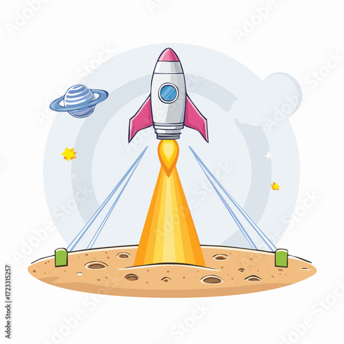 Rocket launching from a planet's surface, embarking on a cosmic journey.