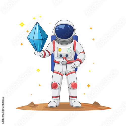 Astronaut proudly displays a large, glowing blue crystal on a desolate planet.
