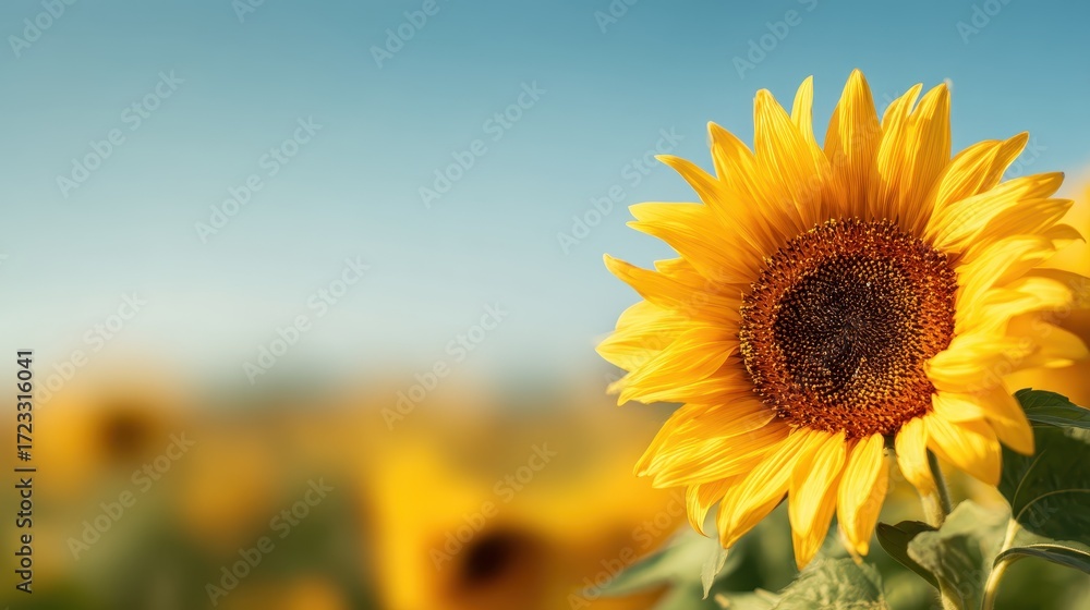 Fototapeta premium Close up of a bright yellow sunflower in a field against a clear blue sky