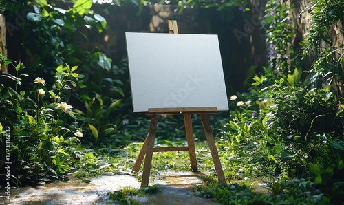 Blank canvas on easel in a lush garden setting