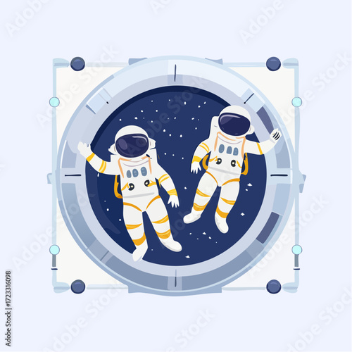 Two astronauts float weightlessly in space, viewed from above through a spacecraft porthole.