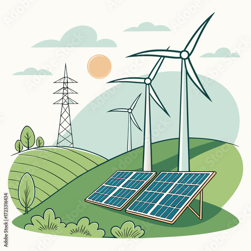 Green energy landscape with wind turbines and solar panels on rolling hills under a sunny sky
