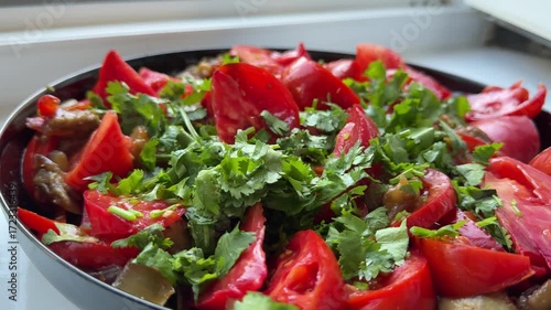 Wallpaper Mural eggplant and tomato salad sprinkled with cilantro Roasted Eggplant, Tomato salad with kalamata olives and Feta cheese. Rotating video. High quality 4k footage Torontodigital.ca