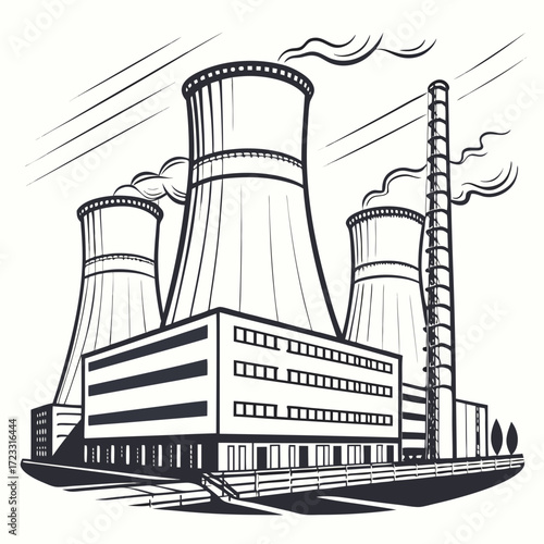 Industrial power plant with cooling towers and smokestack emitting steam against a light background