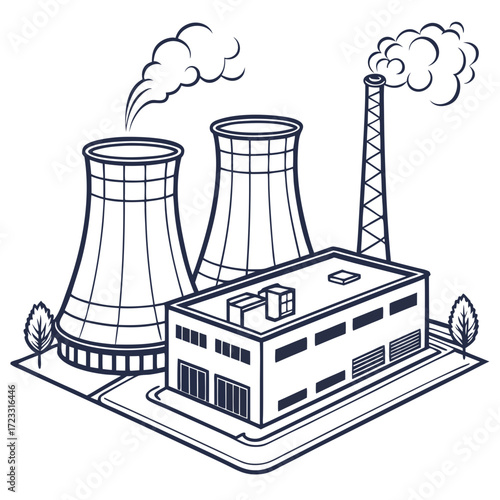 Industrial power plant with cooling towers and chimney emitting smoke representing energy production and manufacturing processes