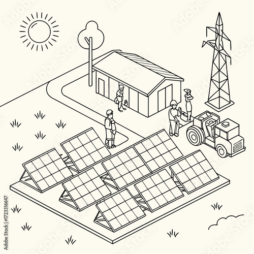 Workers install solar panels near a building and power line with a tractor and the sun shining brightly