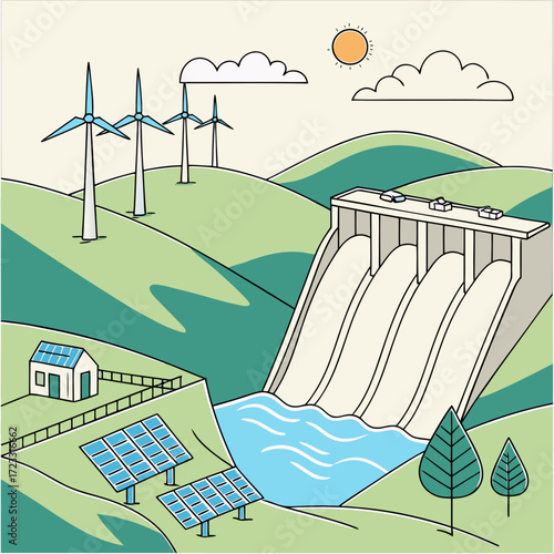 Sustainable energy landscape featuring wind turbines solar panels a hydroelectric dam and a small house on rolling green hills under a sunny sky