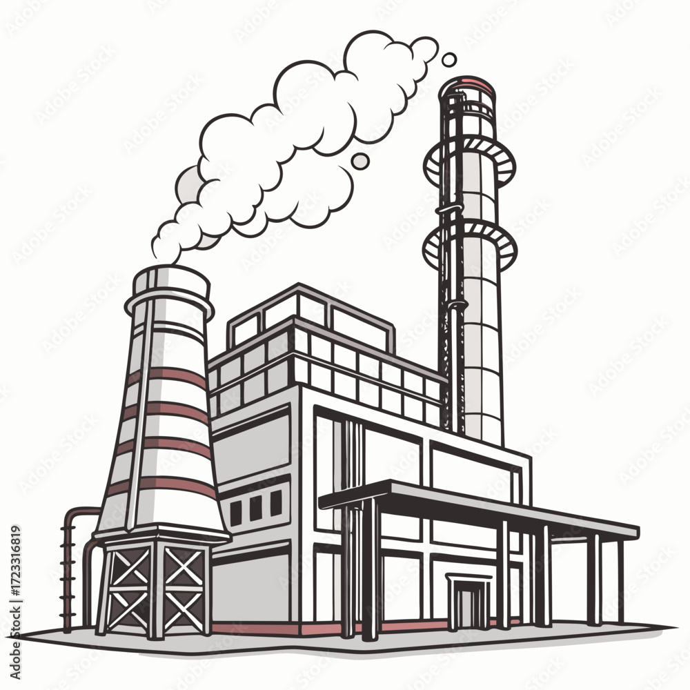 Obraz premium Industrial factory with tall smokestacks emitting white smoke against a white background a stylized illustration