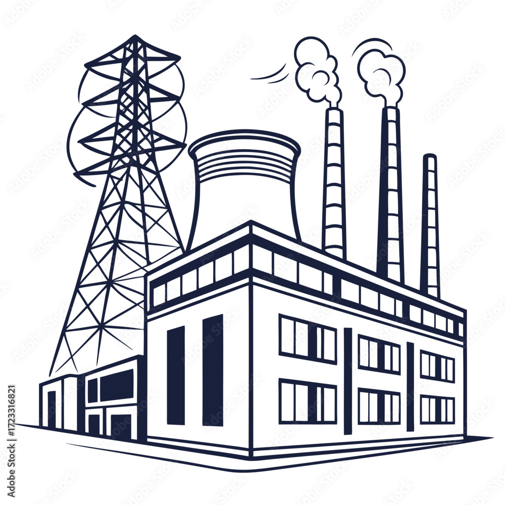 Fototapeta premium Industrial power plant with cooling tower and electricity pylon emitting steam from smokestacks