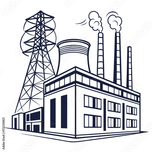 Industrial power plant with cooling tower and electricity pylon emitting steam from smokestacks