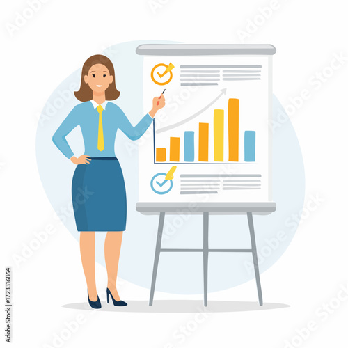 Businesswoman presenting positive growth chart on flip chart.