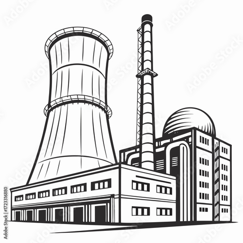 Industrial power plant with cooling tower and smokestack against a white background in a stylized black and white illustration