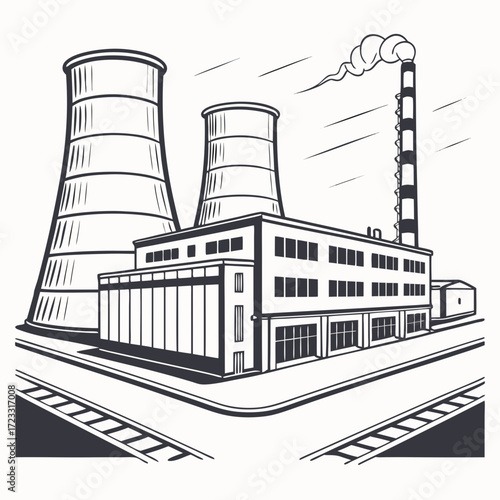 Industrial power plant with cooling towers and smokestack emitting smoke representing energy production and manufacturing