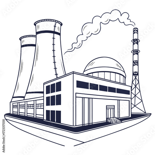Industrial power plant with cooling towers and smokestack emitting steam against a white background