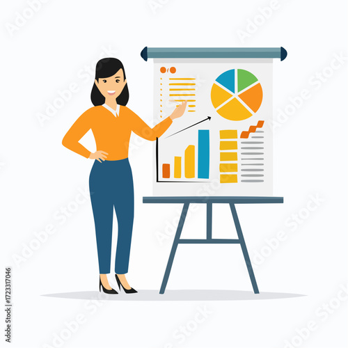Smiling businesswoman presenting financial data on a flip chart.