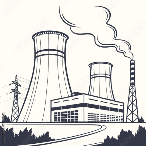 Industrial power plant with cooling towers and smokestack emitting steam against a light background with trees and power lines