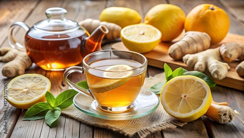 Hot ginger lemon tea in a cup and teapot
